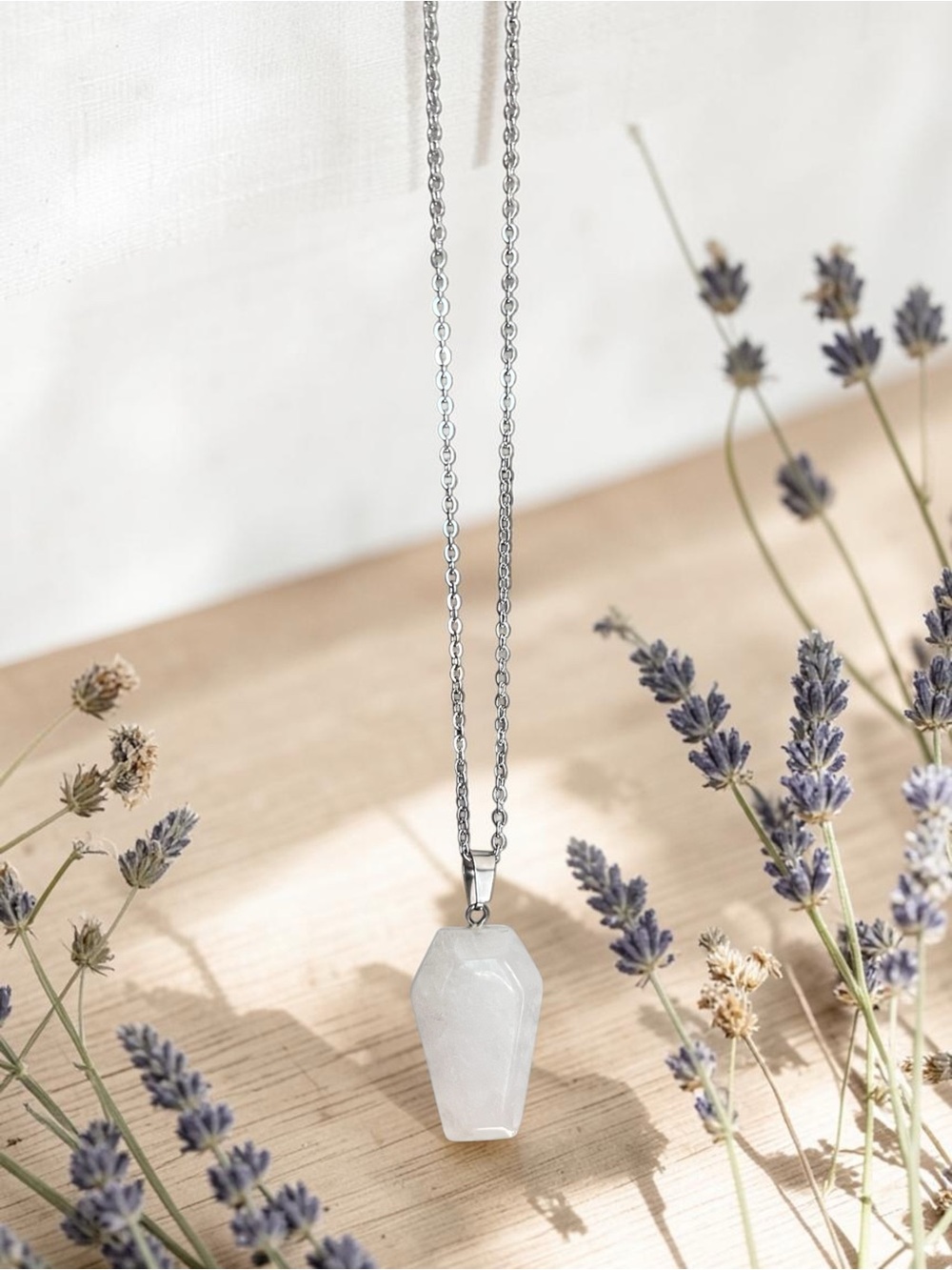 WHITE/CLEAR QUARTZ natural stone coffin pendant necklace with silver chain NEW